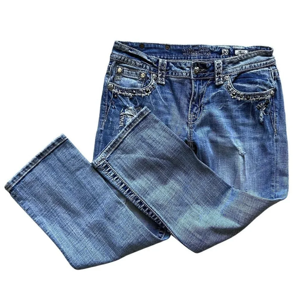 Miss Me Womens 30 US Size 10 Distressed Embellished Cuffed Capri Jeans Cowgirl
